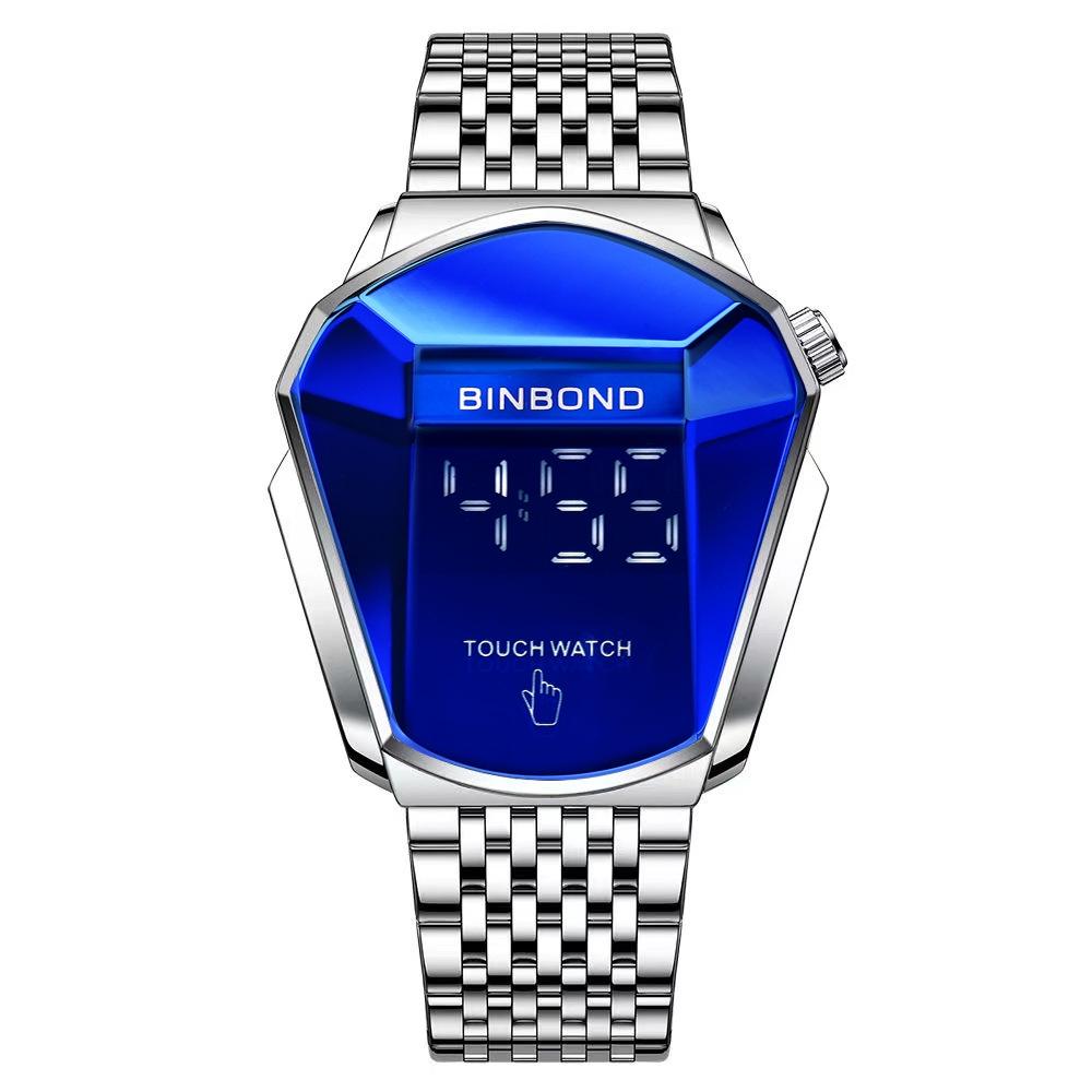 V562-B1057262020DBT-202508282115-00 Black Steel Touch Screen Men Watch with Locomotive Concept - White Steel Blue - Image 1