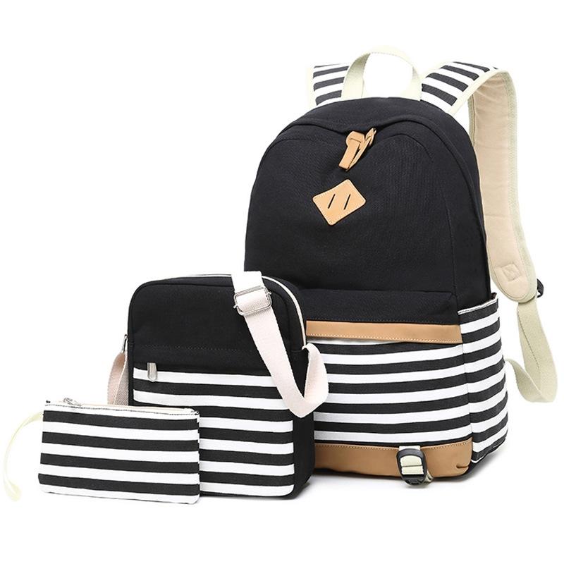 V562-B1065805850DBT-202508281741-00 Printed Canvas Backpack Set - 3 Pieces - Black - Image 1