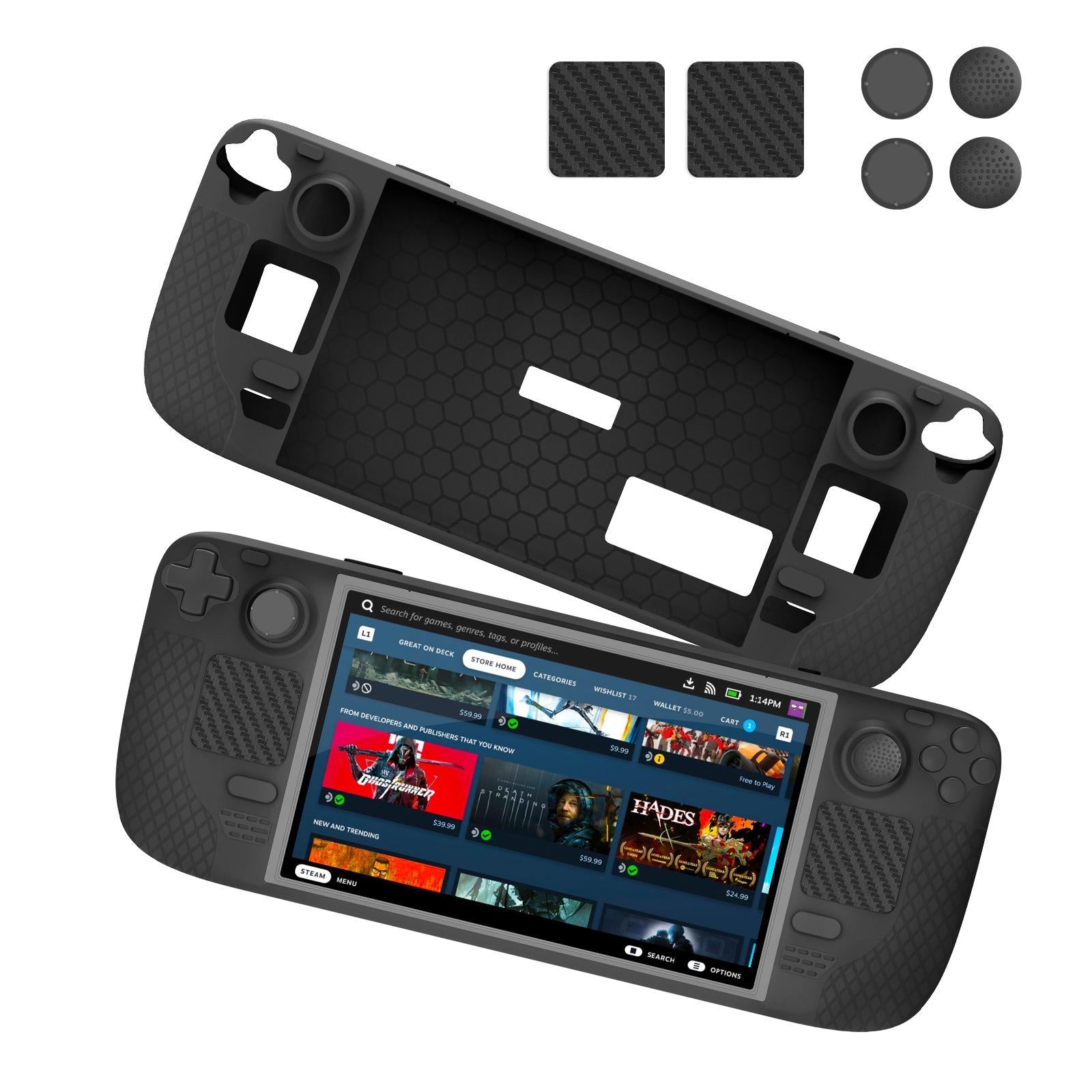 V562-B1082304060DBT-202508282230-00 7-piece Silicone Case & Joystick Cap Set for Steam Deck with Touch Board Sticker - Black - Image 1
