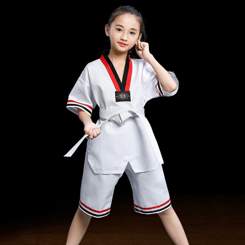 V562-B6081134060DBT-202508290509-00 Taekwondo Training Uniform Child & Adult Cotton Clothing Size 130 - Striped Short Sleeves - 180 - Image 1
