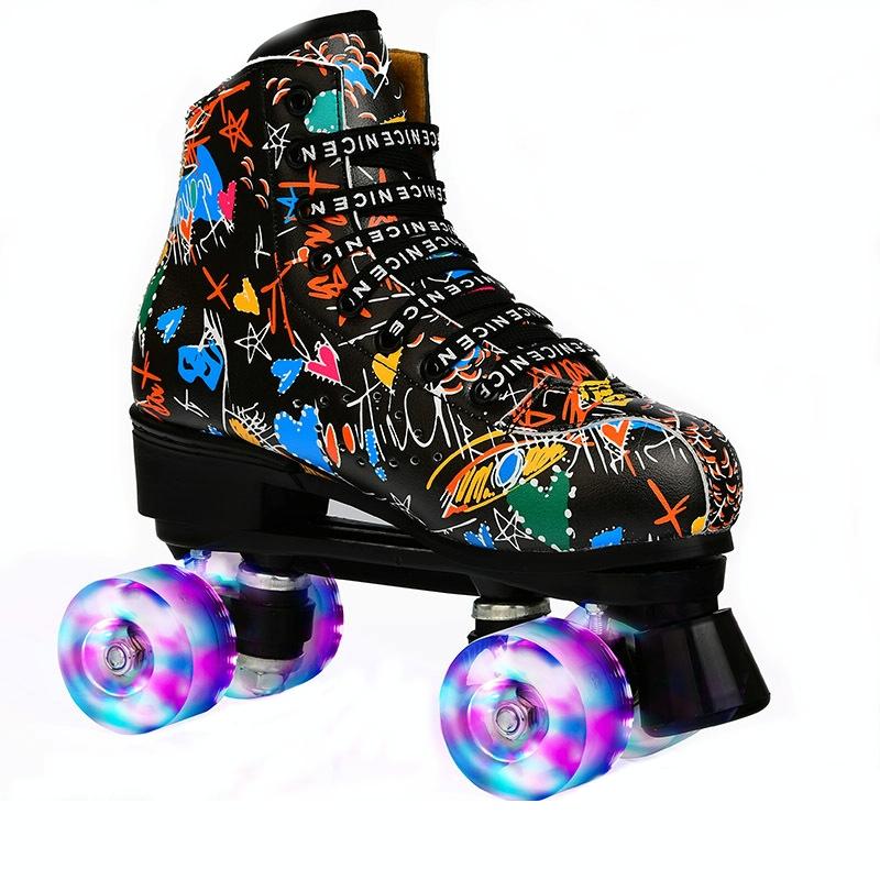 V562-B7027795650DBT-202508282145-00 Double Row Four-wheel Roller Skating Shoes for Adult Children - Size 40 - Flash Wheel Black - Image 1