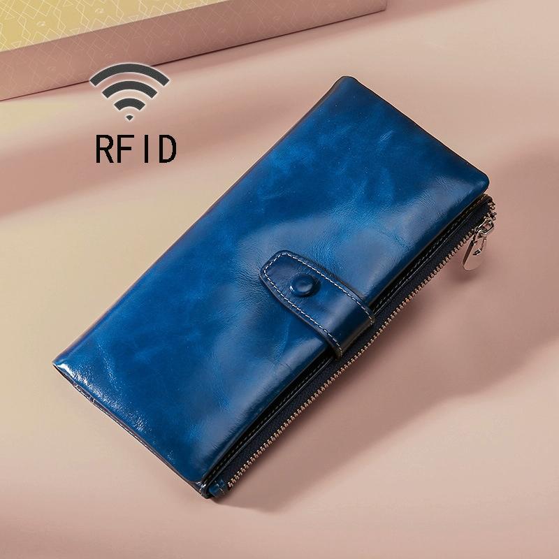 V562-BS9810BCC-202508280915-00 Oilskin Leather Rfid Zip Wallet - Brown - Sapphire Blue - Image 1