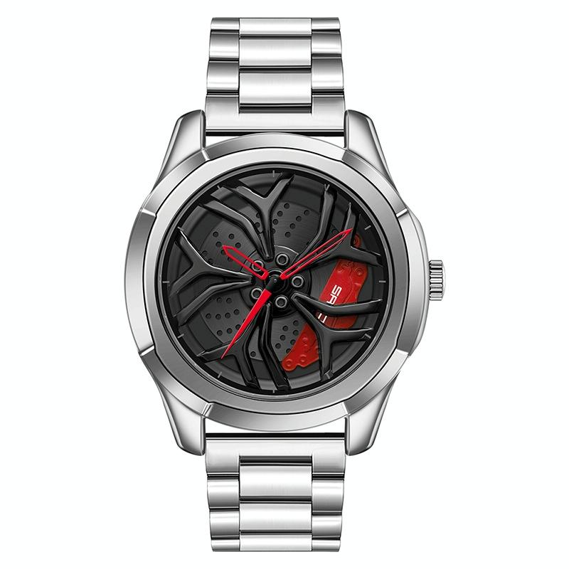 V562-C1000461950DBT-202508282136-00 Men Casual Steel Band Quartz Watch - P1065 Wheel Series - Silver Red - Image 1