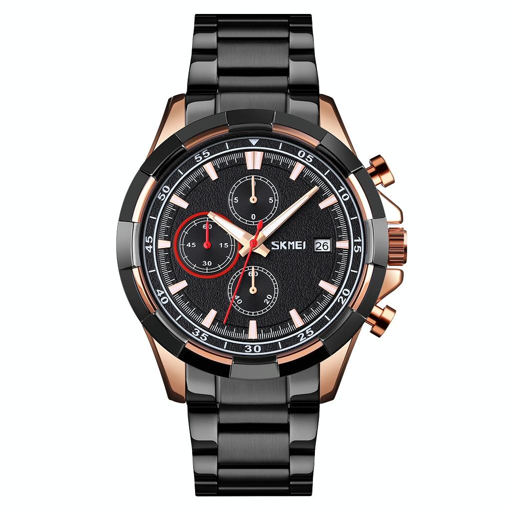 Men Stainless Steel Quartz Watch with Luminous Calendar and Timing - Rose Gold Black