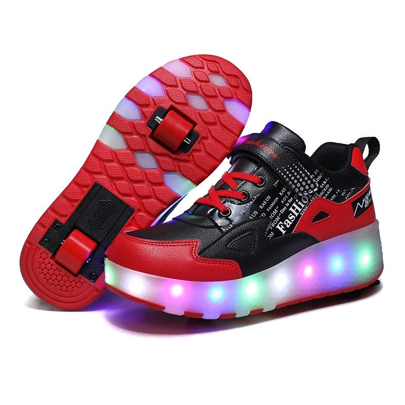 V562-C1009322550DBT-202508281945-00 27 Rechargeable Light Skating Shoes for Kids with Two Wheels - Black And Red - Image 1