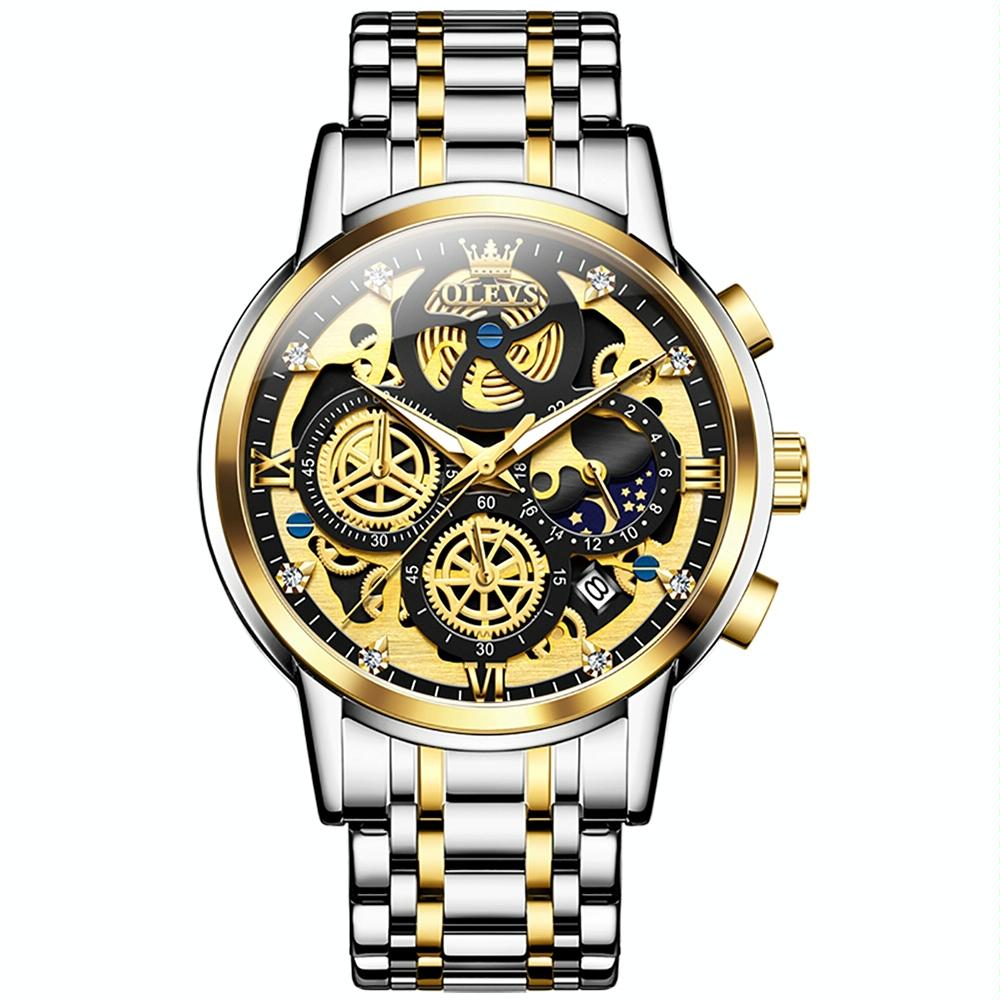 V562-C101077400ADE-202508281626-00 Waterproof Multifunctional Men Quartz Watch - Hollow Design - Black + Gold - Image 1