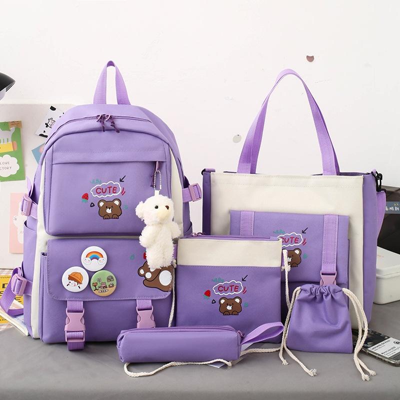 V562-C101676500ADE-202508282041-00 Adorable 5-piece Girls Backpack Set with Bear Design - Dark Purple - Image 1