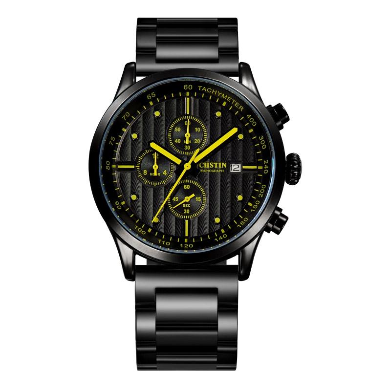 V562-C104840400ADE-202508281821-00 Stylish Multifunctional Men Quartz Watch with Steel Strap - Black Yellow - Image 1