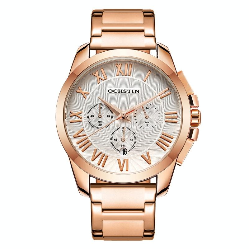 V562-C106540400ADE-202508282031-00 Waterproof Multifunctional Men Watch with Steel Strap - Rose Gold + White - Image 1