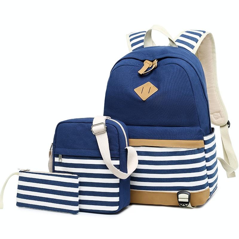 V562-C1065805850DBT-202508281741-00 Printed Canvas Backpack Set - 3 Pieces - Navy Blue - Image 1