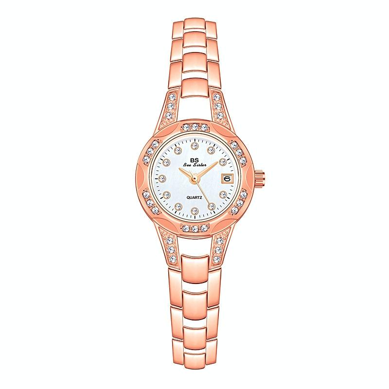 Women Diamond Chain Watch with Calendar - Small Round Design - Rose Gold