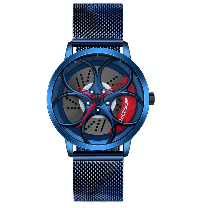 V562-C303432200ADE-202508281711-00 Men Mesh Belt Quartz Watch with 3d Oval Hollow out Wheel - Blue Red - Image 1