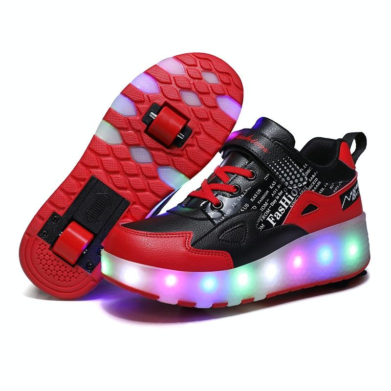 V562-C7009322550DBT-202508281836-00 Rechargeable Light Wheel Skating Shoes for Kids - Size 33 Two-wheeled - Black And Red - Image 1