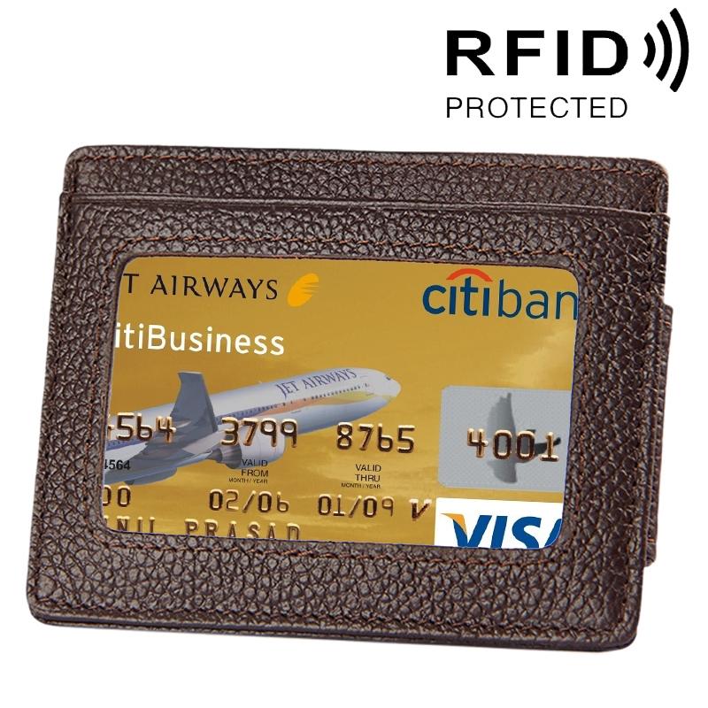 V562-C9801BCC-202508281925-00 Leather Rfid Blocking Card Holder Wallet with 3 Slots and Pocket - Coffee - Image 1