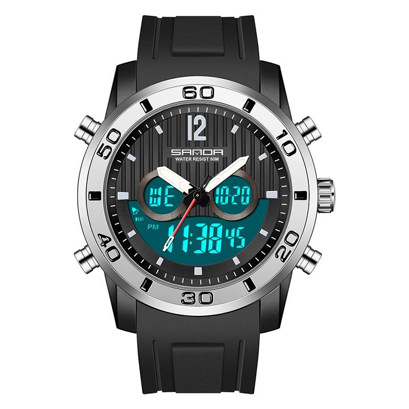 V562-D100800200ADE-202508280426-00 Men Outdoor Sports Shockproof Electronic Watch with Dual Digital Display and Luminous Feature - Black Silver - Image 1
