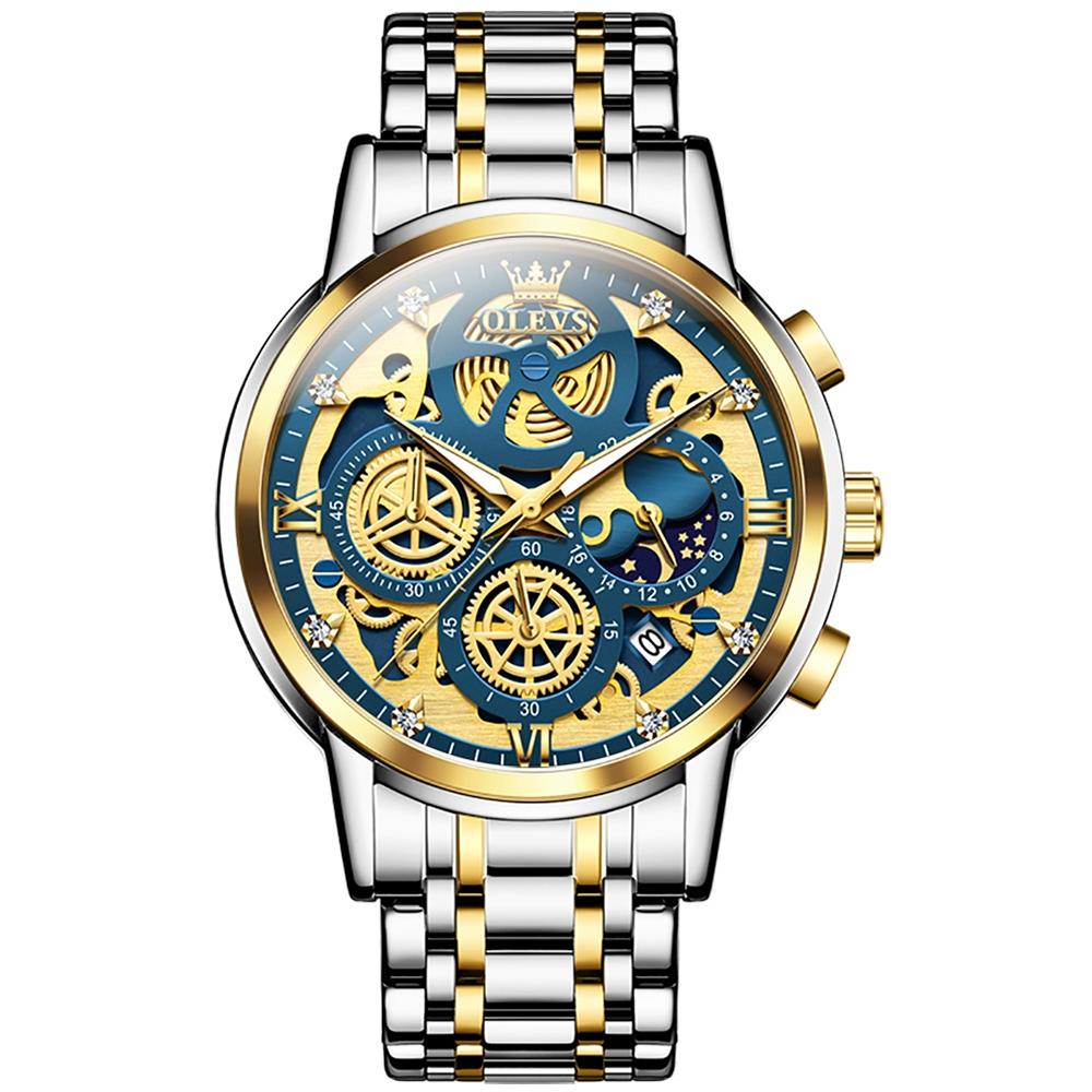 V562-D101077400ADE-202508281625-00 Waterproof Multifunctional Men Quartz Watch - Hollow Design - Blue + Gold - Image 1