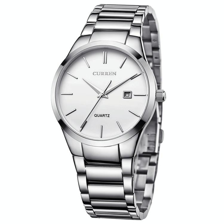 V562-D1035561020DBT-202508290811-00 Waterproof Full Steel Quartz Watch - Fashion Business Calendar - White Case White Face - Image 1