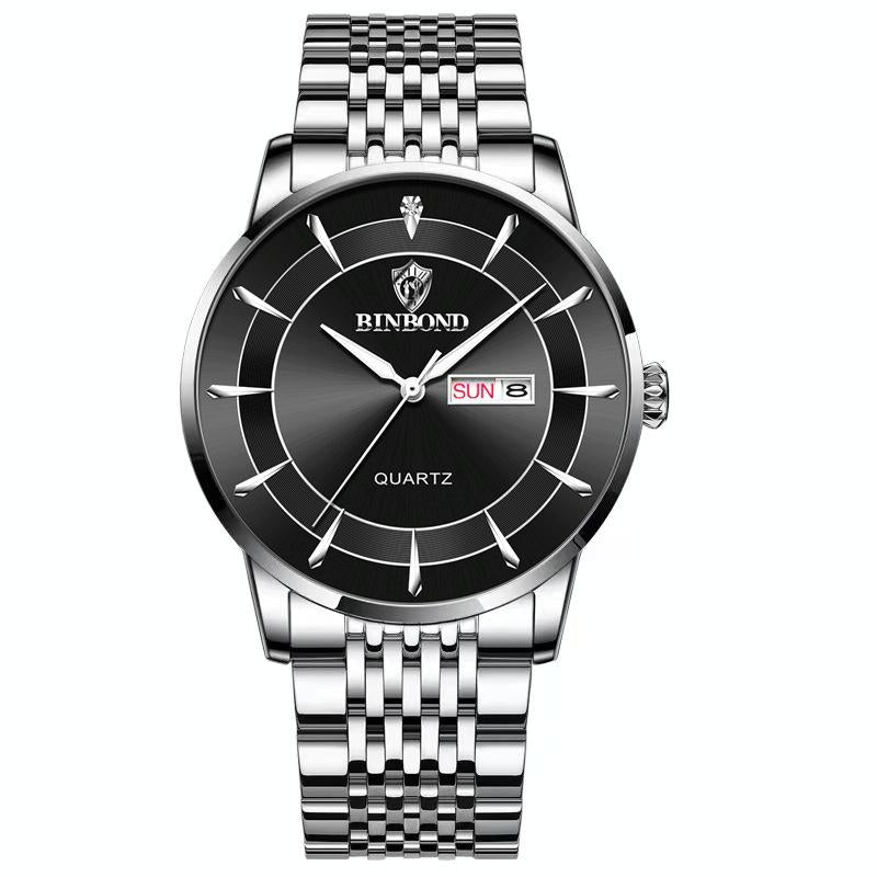 V562-D1037843060DBT-202508281406-00 Waterproof Quartz Men Watch with Luminous Butterfly Buckle and Steel Belt - 30m - White Steel-Black - Image 1