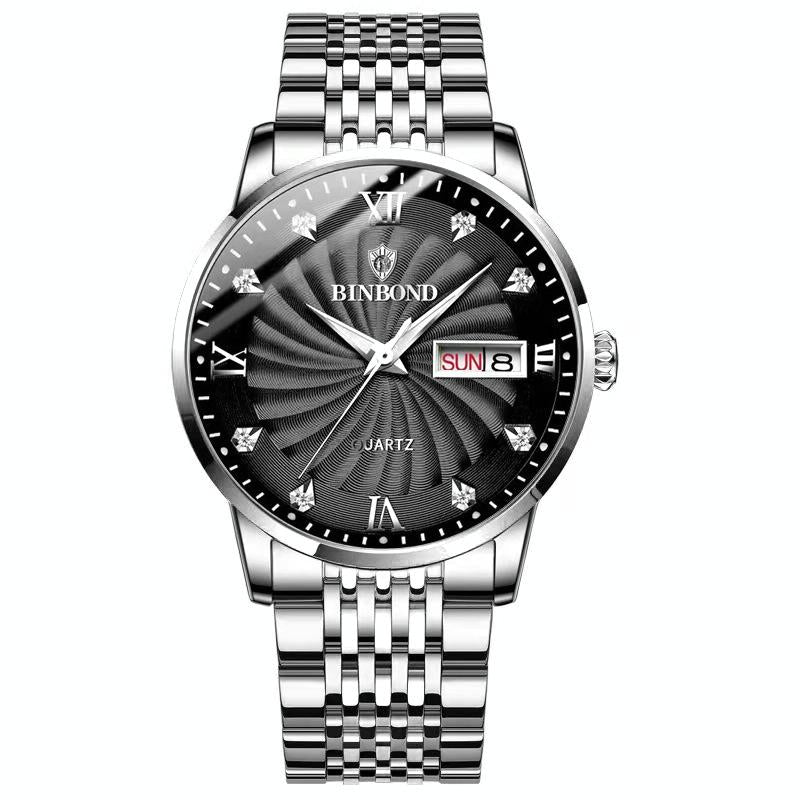 V562-D1068343060DBT-202508281320-00 Waterproof Business Men Quartz Watch with Butterfly Buckle and Luminous Dial - 30m - White Steel-Black - Image 1