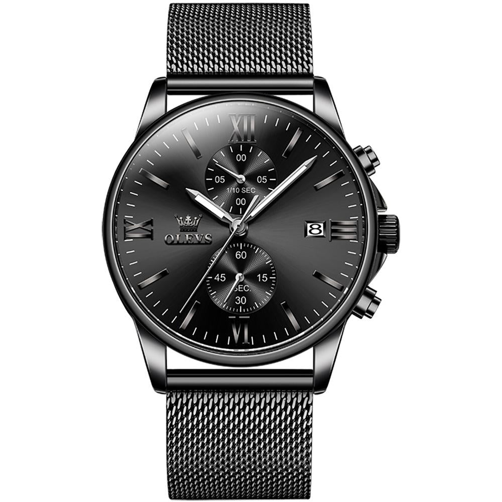 V562-D107042500ADE-202508281531-00 Waterproof Men Chronograph Quartz Watch with Luminous Dial - Black Silver Mesh Strip - Image 1