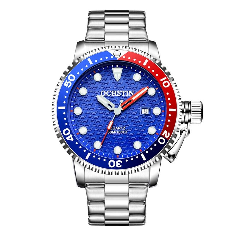 V562-D107340400ADE-202508280953-00 Waterproof Luminous Men Watch with Steel Strap - Multifunctional Quartz - Silver + Blue - Image 1