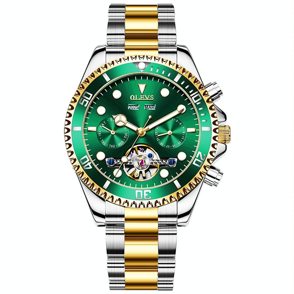 V562-D108237400ADE-202508280945-00 Waterproof Mechanical Watch for Men - Multifunctional - Green + Gold - Image 1