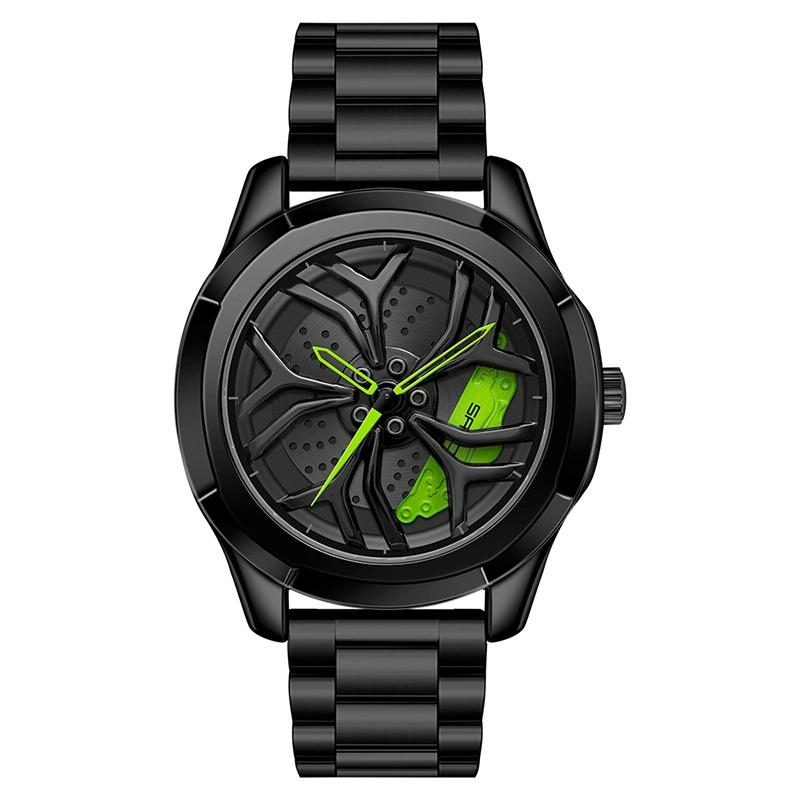V562-E1000461950DBT-202508282132-00 Men Casual Steel Band Quartz Watch - P1065 Wheel Series - Black Green - Image 1