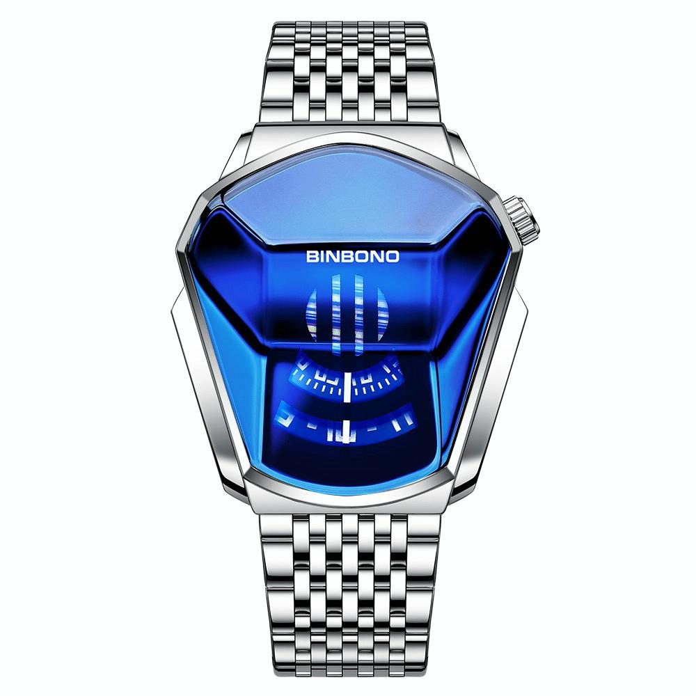 V562-E1005033060DBT-202508282145-00 Black Steel Belt Men Watch with Live Technology - White Steel Blue Face - Image 1