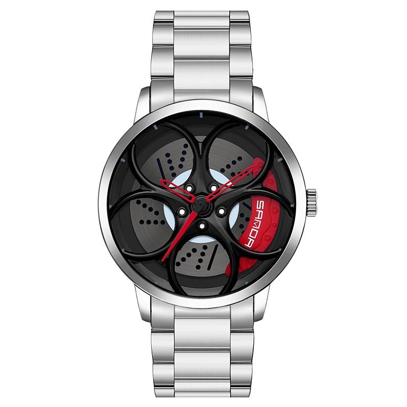 V562-E103432200ADE-202508282016-00 Men Steel Belt Quartz Watch with 3d Oval Hollow out Wheel - Silver Red - Image 1