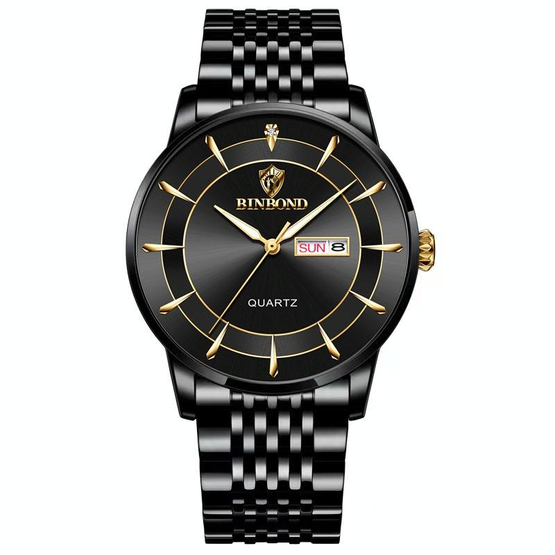 V562-E1037843060DBT-202508281353-00 Waterproof Quartz Men Watch with Luminous Butterfly Buckle and Steel Belt - 30m - Black Steel-Black - Image 1