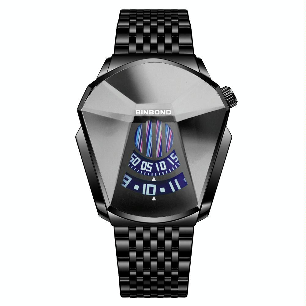 V562-E1041792650DBT-202508280631-00 Men Diamond Dial Quartz Watch - Locomotive Concept - Black Steel White Surface - Image 1