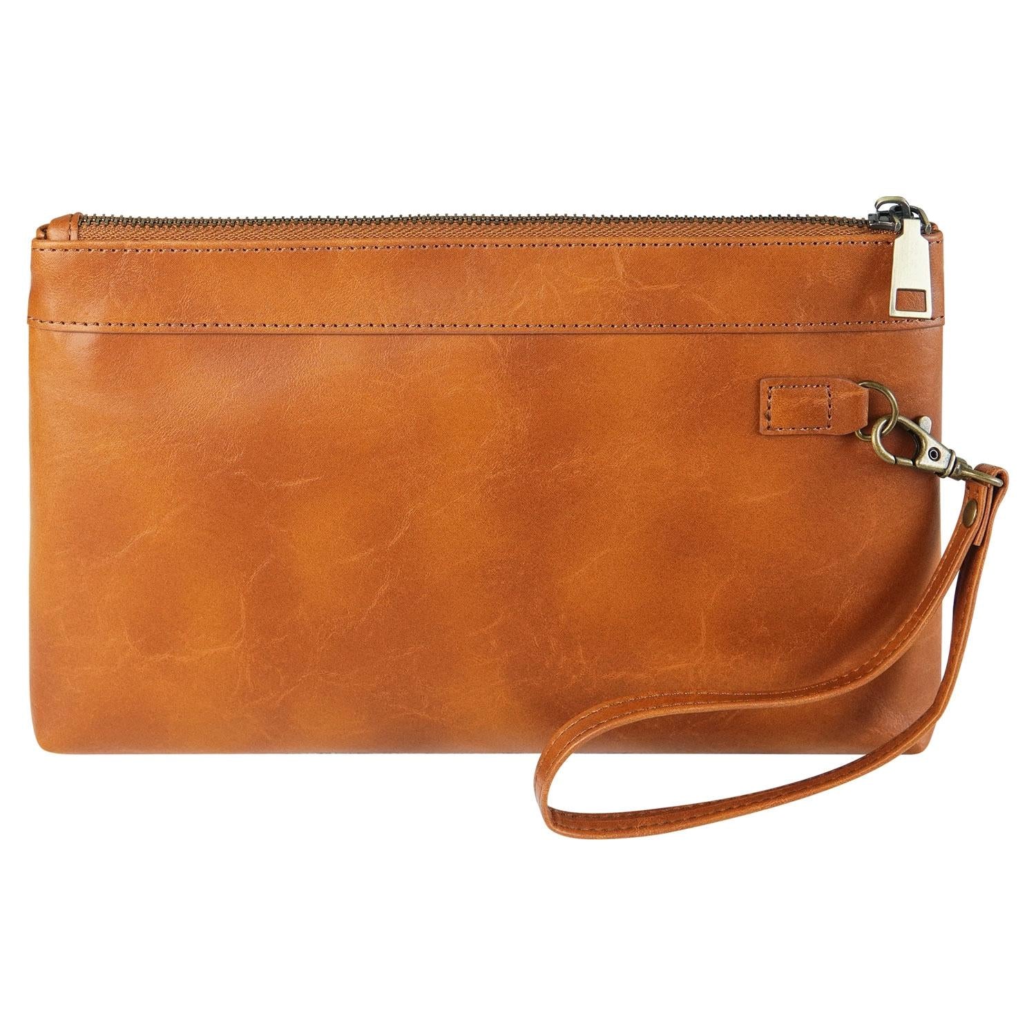 V562-E104237400ADE-202508281915-00 Vintage Leather Envelope Clutch with Zipper Closure - Brown - Image 1