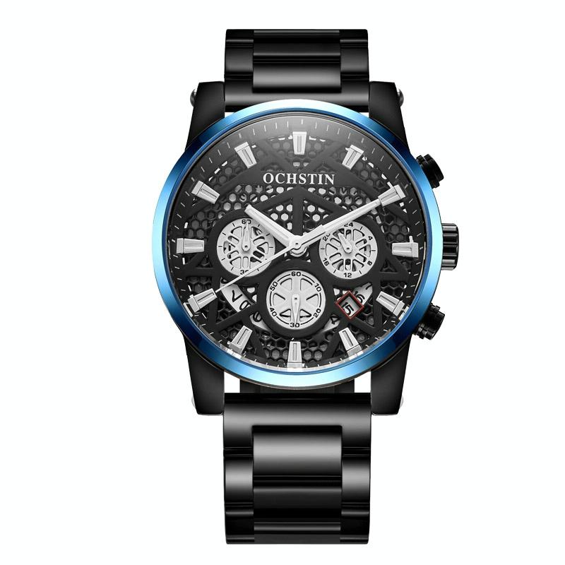 V562-E105540400ADE-202508281315-00 Waterproof Multifunctional Men Watch with Quartz Movement and Steel Strap - Black Blue - Image 1