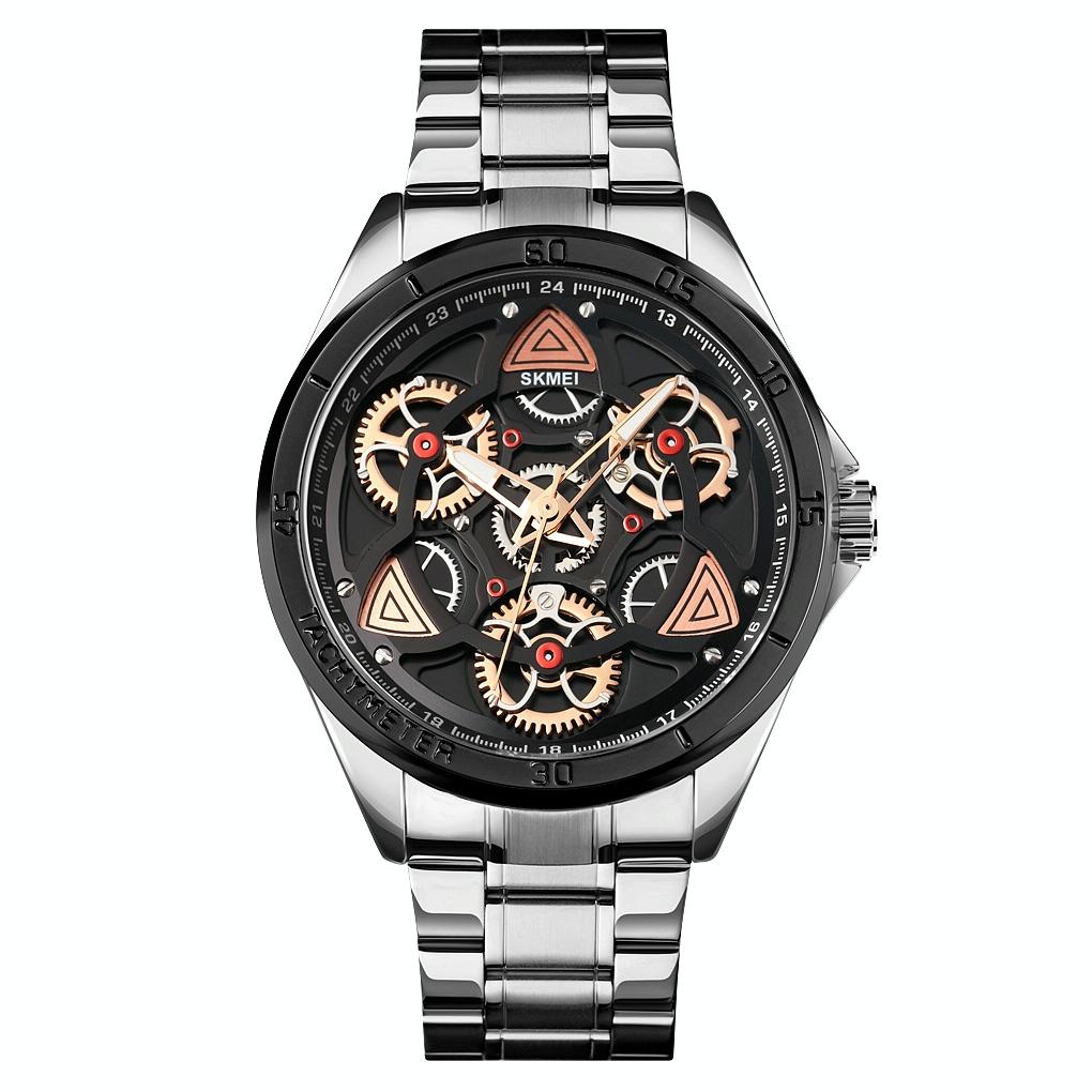 V562-E109558100ADE-202508290731-00 Waterproof Men Quartz Watch with Rotatable Gear Dial - Silver Shell Black Surface - Image 1