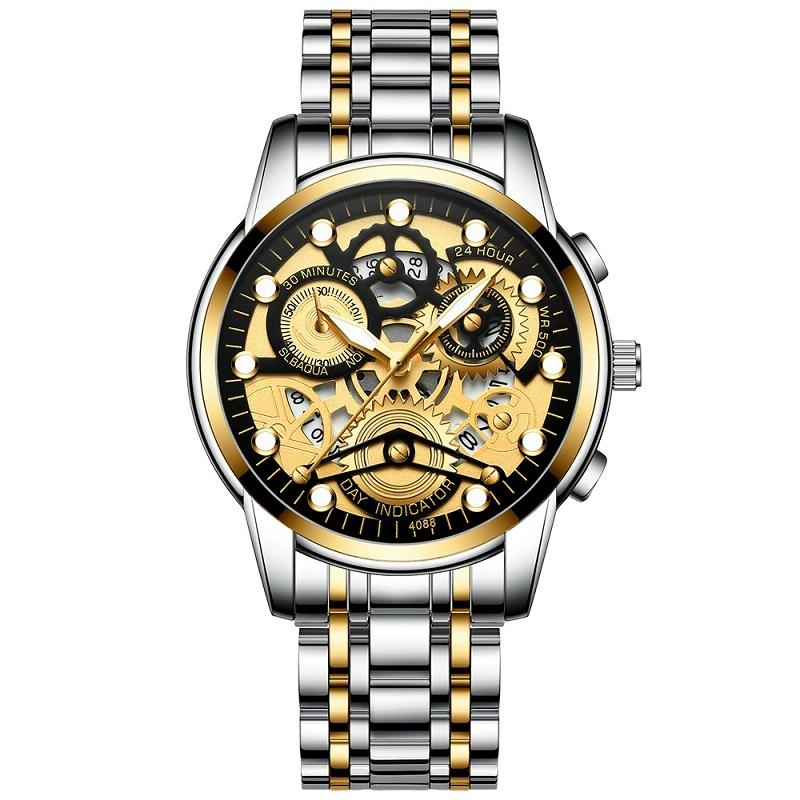V562-F1008801650DBT-202508281731-00 Waterproof Luminous Men Quartz Watch - Hollow Design - Gold Black Surface - Image 1
