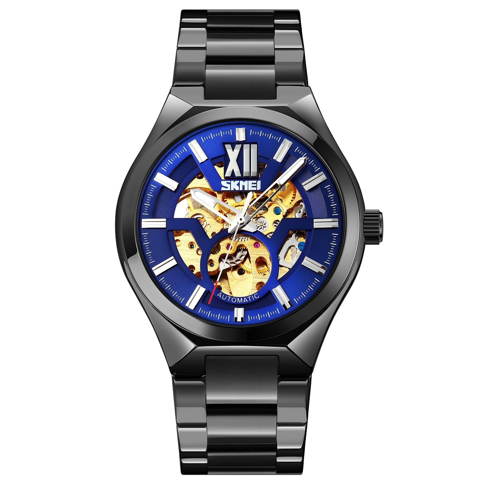 V562-F103839100ADE-202508282216-00 Men Automatic Mechanical Watch with Two-tone Stainless Steel Strap - Black Shell Blue Surface - Image 1