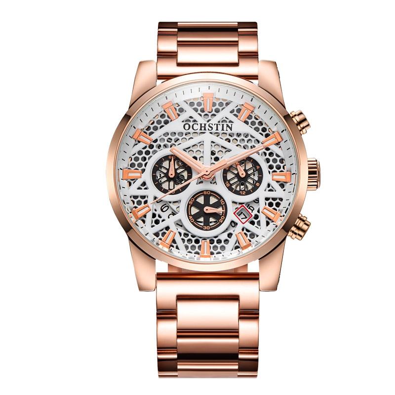 V562-F105540400ADE-202508281311-00 Waterproof Multifunctional Men Watch with Quartz Movement and Steel Strap - Rose Gold + White - Image 1
