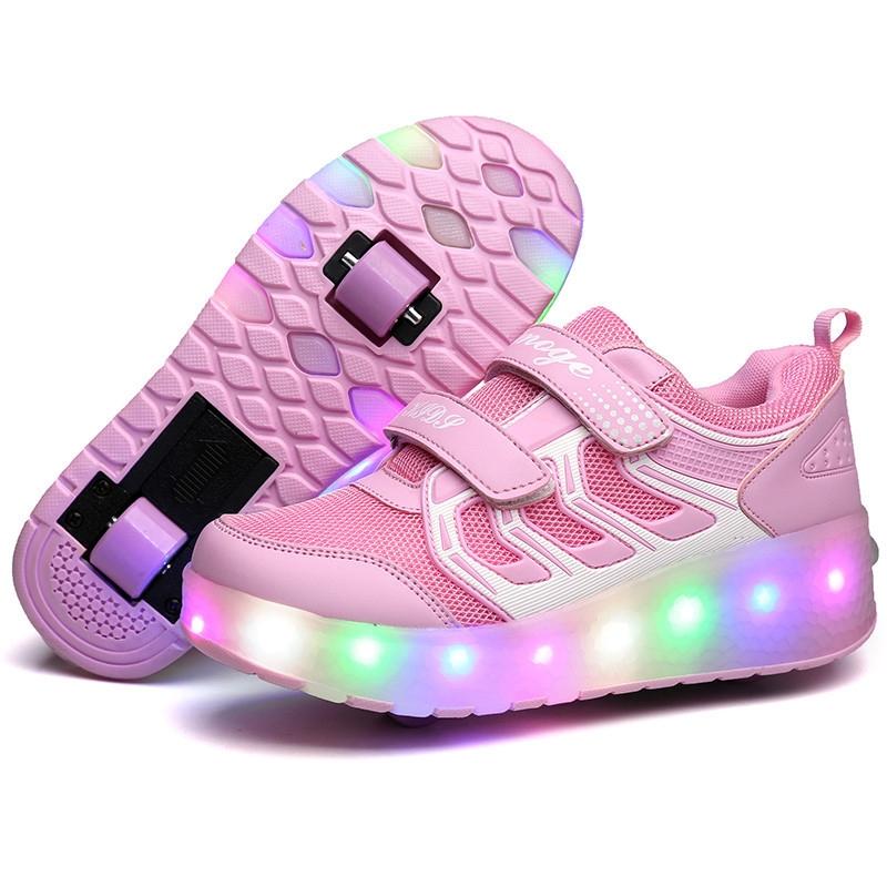 V562-F1693GO-202508282135-00 Rechargeable Double Wheel Roller Skating Shoes - Ultra Light Mesh Size 29 - Pink - Image 1