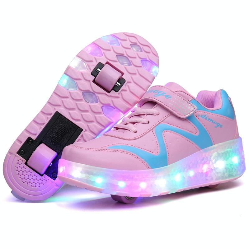 V562-F5493GO-202508271426-00 Rechargeable Double Wheel Roller Skating Shoes - Pink Size 38 - Image 1