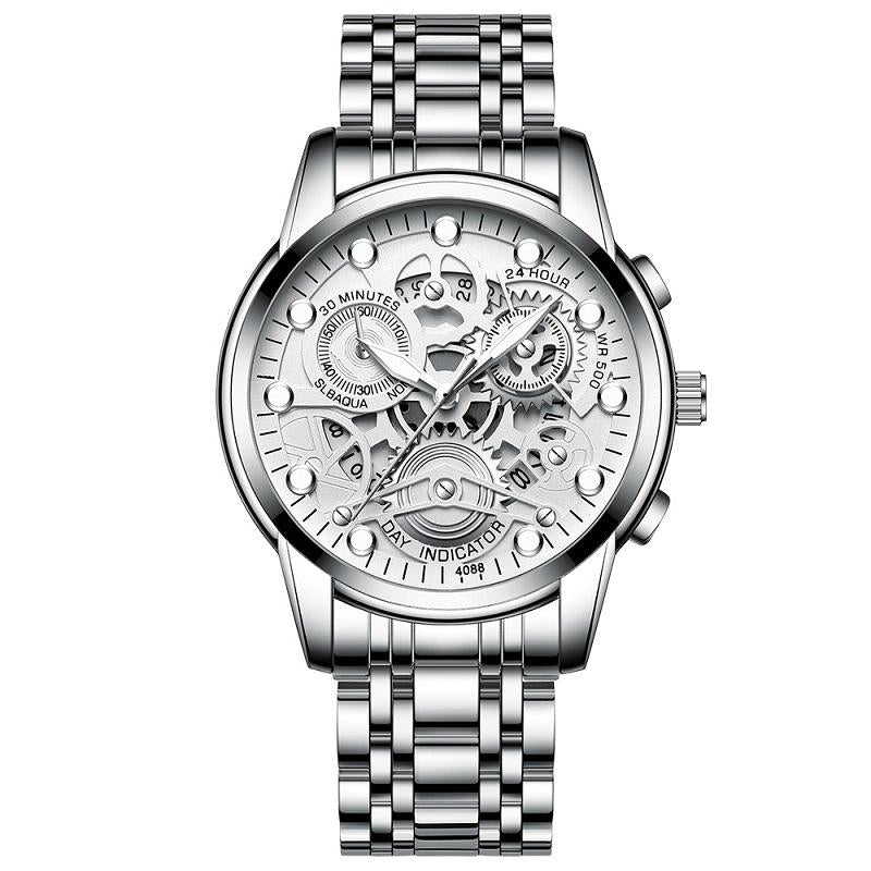 V562-G1008801650DBT-202508281730-00 Waterproof Luminous Men Quartz Watch - Hollow Design - White Steel White Surface - Image 1