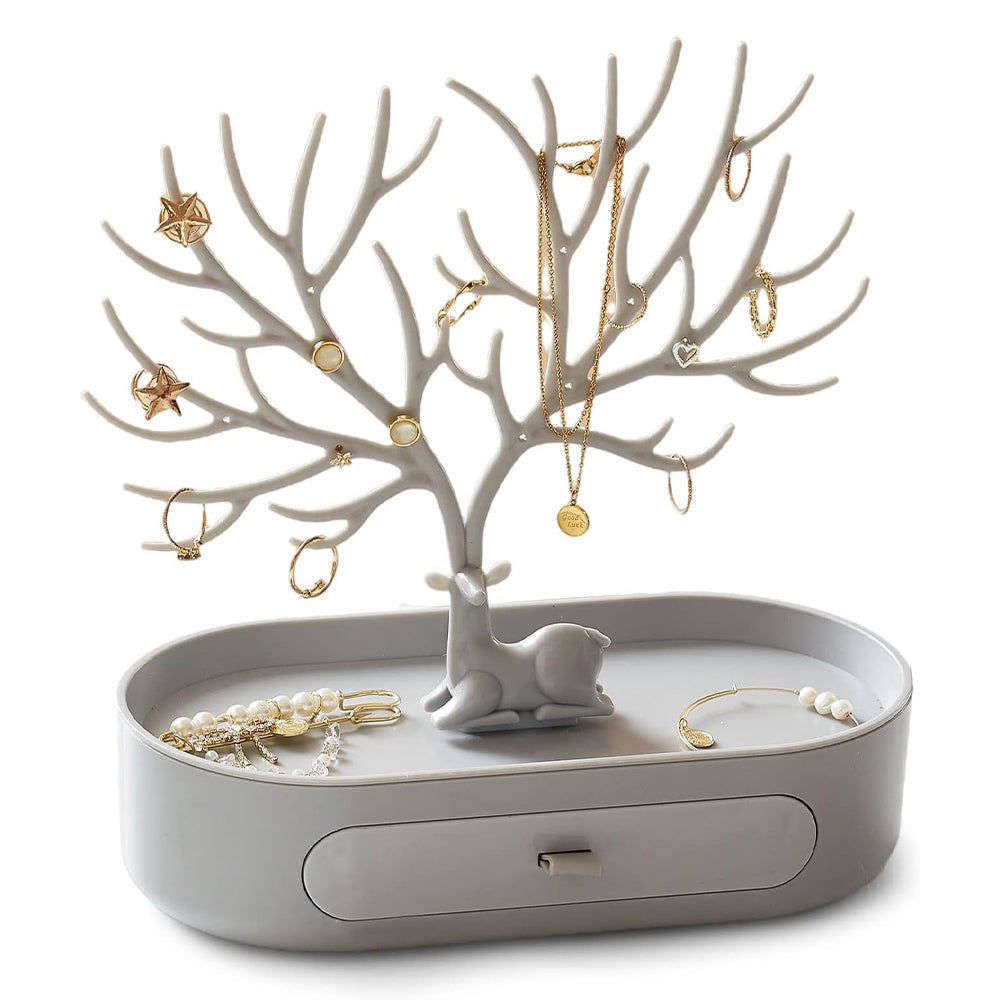 V562-GU23-JA266GREY-1-202508292045-00 Vibe Geeks Antlers Tree Tower Jewelry Display Stand for Ring Earrings Necklace Bracelet - Grey Drawer Model - Image 1