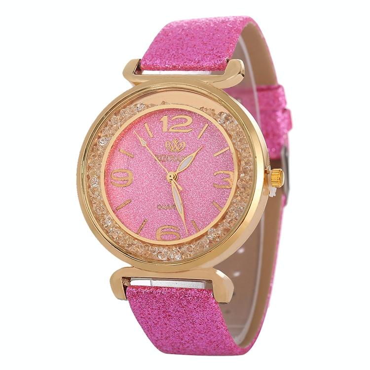 V562-H104668250DBT-202508280931-00 Gold Rhinestone Quartz Watch with Pu Leather Strap for Women - Pink - Image 1