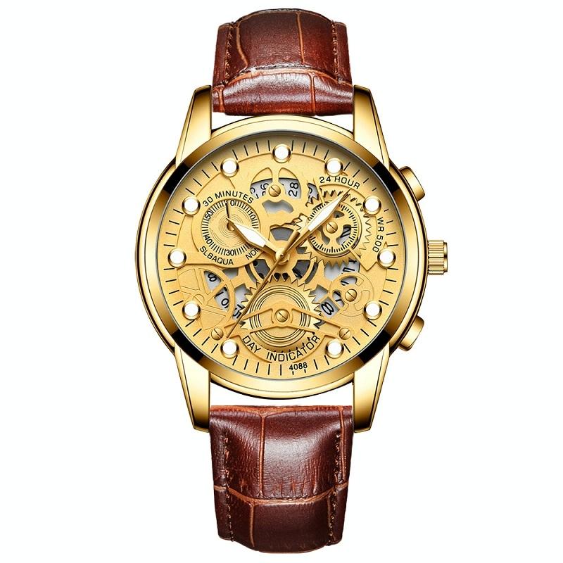 V562-I1008801650DBT-202508281726-00 Waterproof Luminous Men Quartz Watch - Hollow Design - Brown Leather Full Golden Surface - Image 1