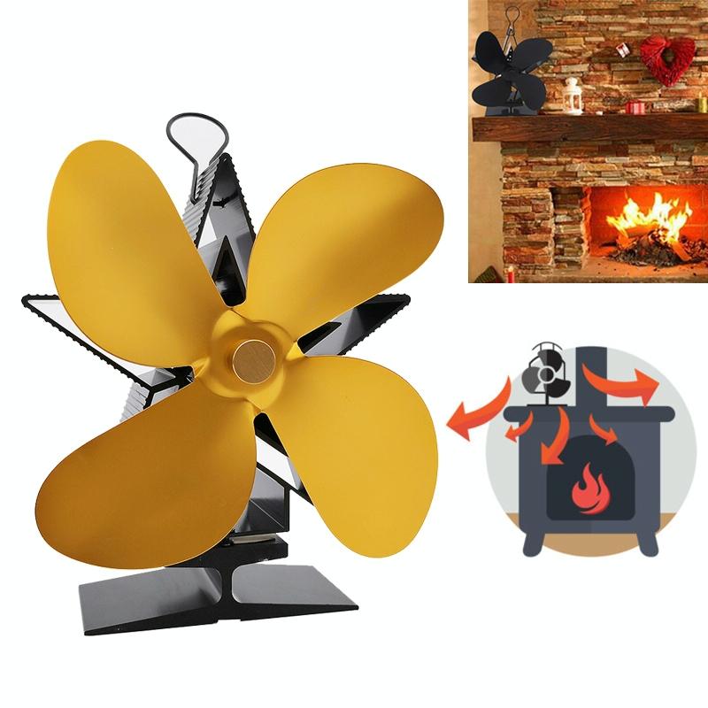 V562-J6082FE-202508281040-00 Efficient 4-blade Heat-powered Stove Fan - Aluminum - Gold - Image 1