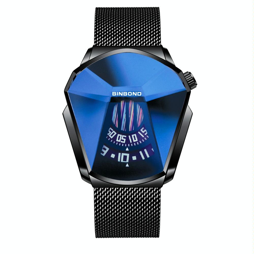 V562-L1041792650DBT-202508280635-00 Men Diamond Dial Quartz Watch - Locomotive Concept - Black Mash Black Steel Blue Surface - Image 1