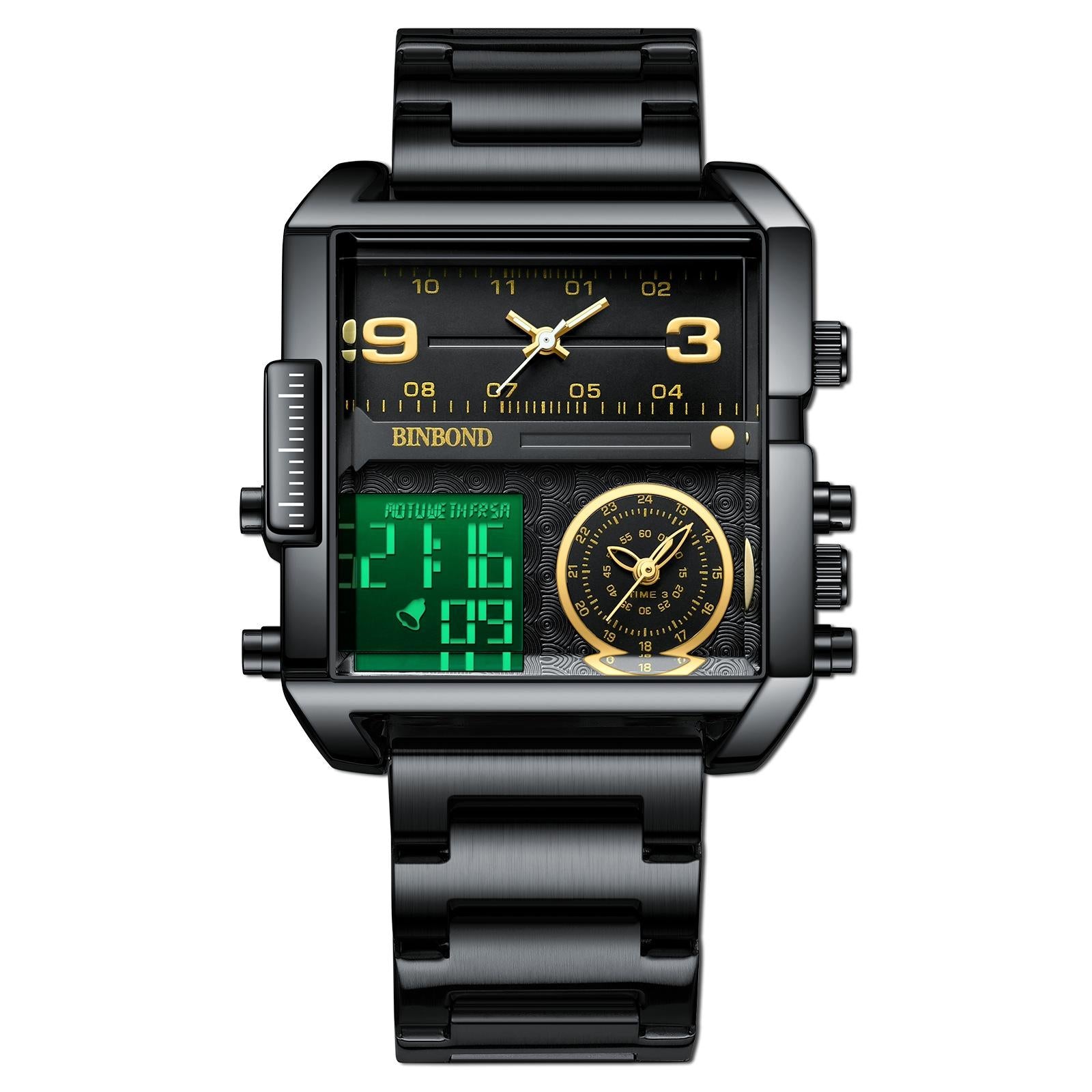 V562-N1055843060DBT-202508290853-00 Waterproof Square Multifunctional Sports Quartz Watch - Black Steel-Black-Gold - Image 1