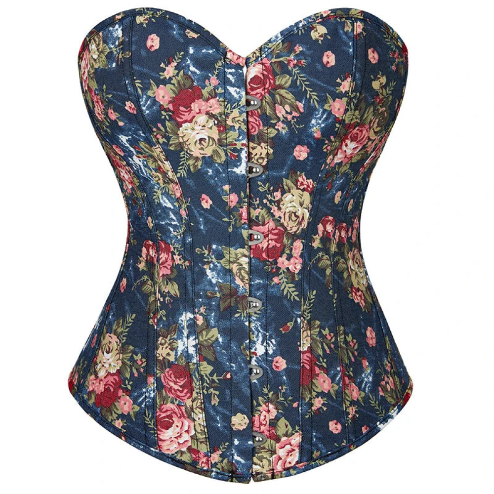 V562-OBBPBBKOIINTLXXN-18-202508291935-00 Floral Lace-Up Denim Corset Plus Size S-6Xl Boned Strapless Blue / Black - Blue - Xxxl - Image 1