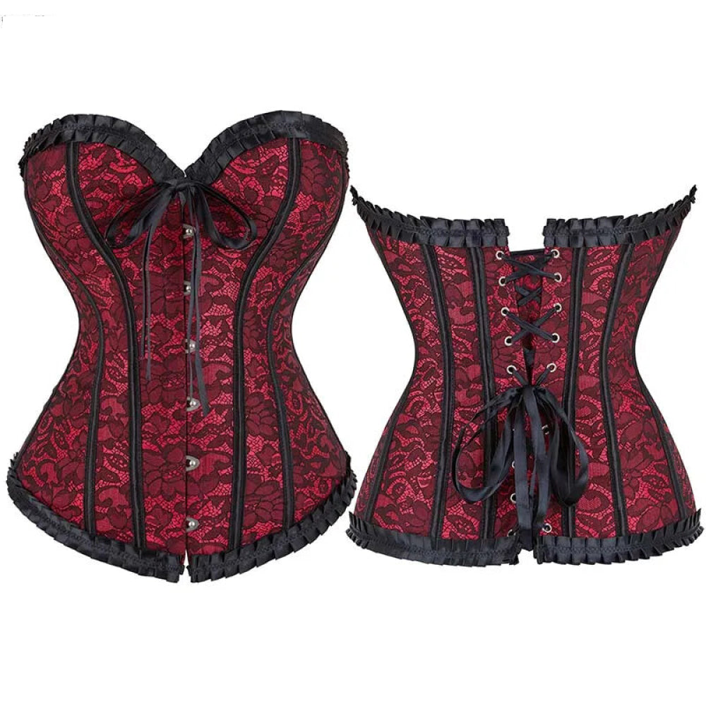 V562-OBBPBBKOTKAILNXX-7-202508291653-00 Fishbone Bow Tight Chest Binder Bustier For Gothic Dress Women 10 Red Purple Ruffled Lace Victorian Corset Top - Red - L - Image 1