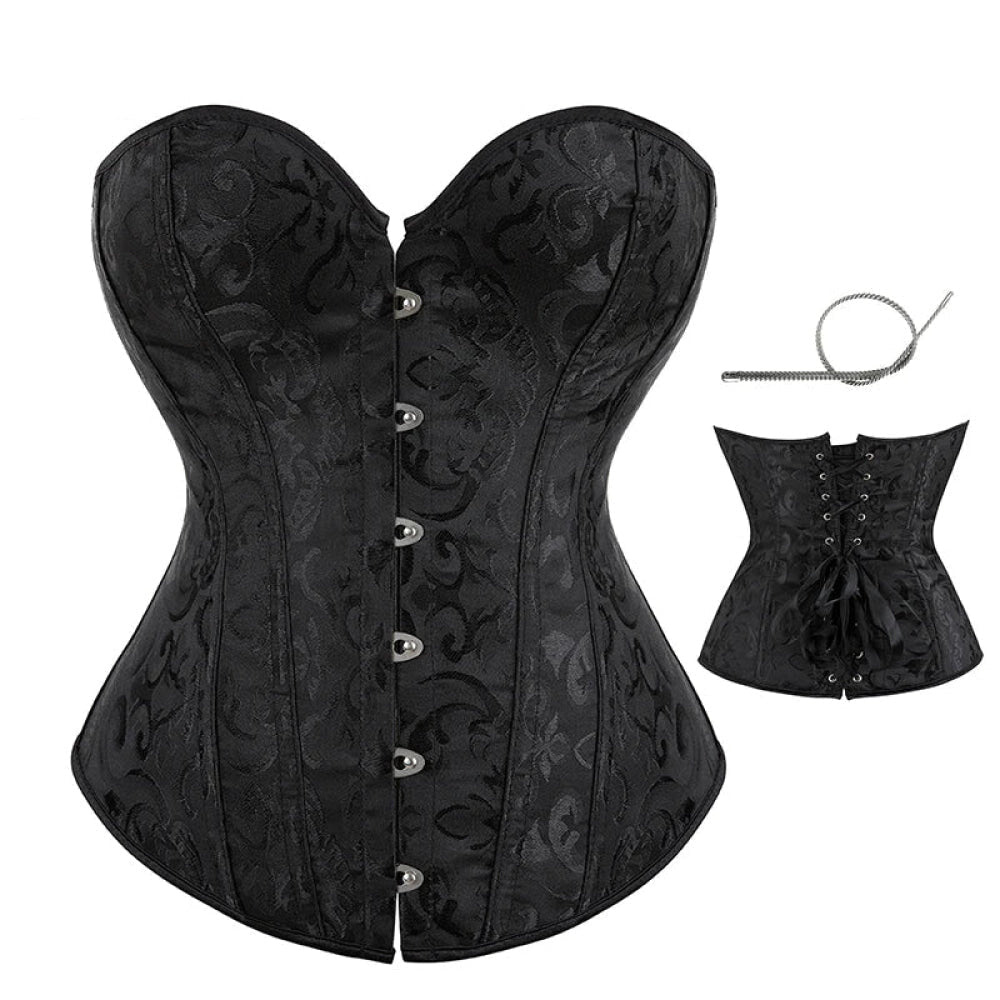 V562-OBBPBBLBLLKPIPNI-1-202508291931-00 Strapless Victorian Overbust Corset 12 Spiral Steel Boned Jacquard Brocade Plus Size Xs-Xxl - Black - S - Image 1