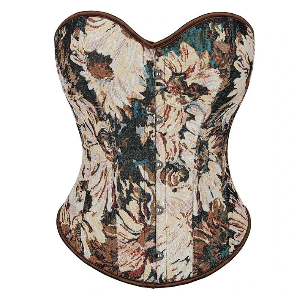 V562-OBBPBBLIAATXLPXK-3-202508291836-00 Floral Print Renaissance Corset 12 Plastic Bones Front 5 Busk Closure Plus Size - Brown 791 - 6Xl - Image 1